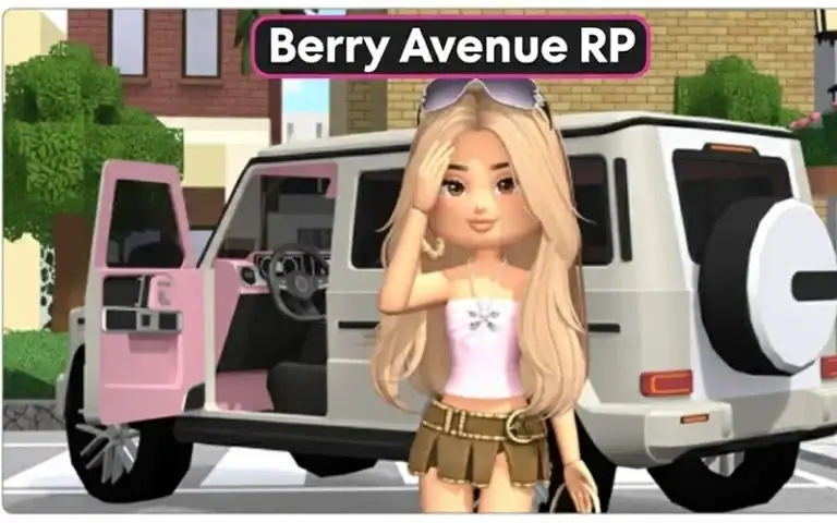 A girl with long blonde hair standing next to a white SUV with pink accents in a virtual city environment.