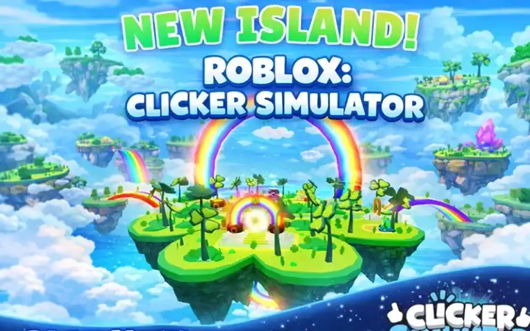 Vibrant image of a colorful, floating island in Roblox Clicker Simulator featuring rainbows, lush greenery, and animated elements, showcasing the game's new island update.