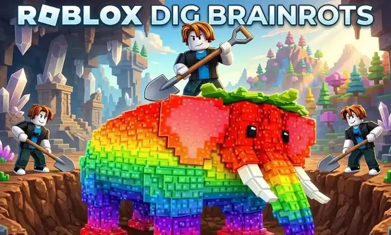 Roblox Dig Brainrots rainbow elephant with pixelated design and vibrant colors, set in a blocky game environment with characters digging around.