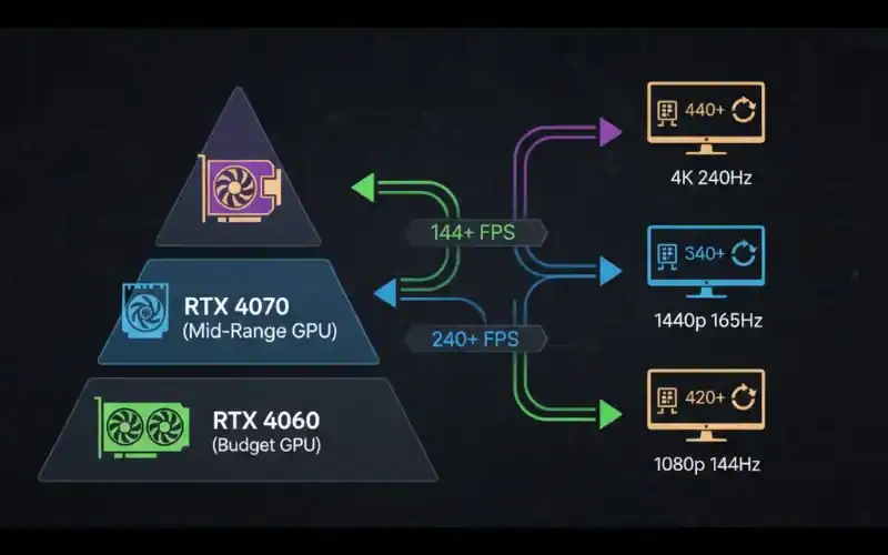 Diagram comparing RTX 4070 and RTX 4060 GPUs with monitor refresh rates and resolutions for optimal gaming performance.