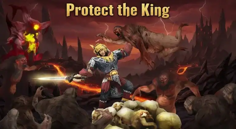 Epic fantasy scene featuring a hero battling monsters in a dark, fiery landscape with the title "Protect the King Codes" for free gold rewards.
