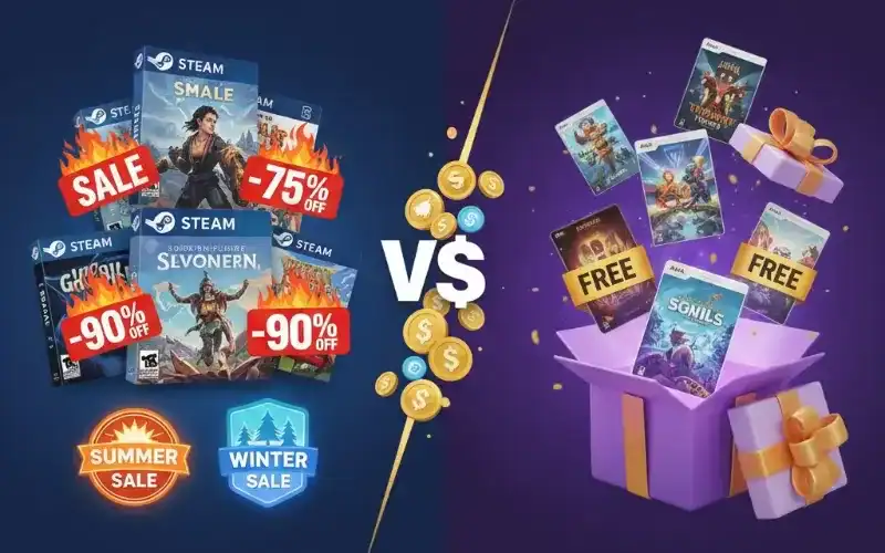 Comparison of Steam and Epic Games platforms highlighting discounts, sales, and free game offers for gamers.