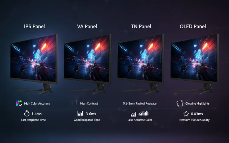 Visual Comparison Of IPS, VA, TN, And OLED Panel Technologies In Gaming Scenarios