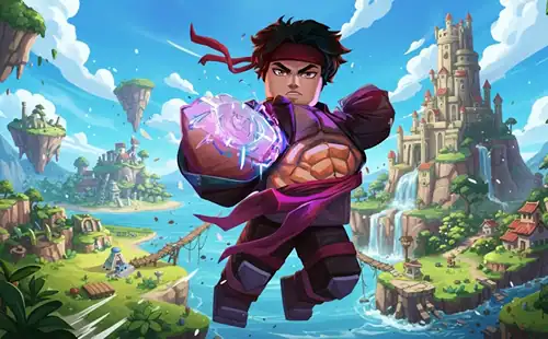 An animated character from Blox Fruits game, showcasing a young warrior with magical energy in hand, set against a vibrant fantasy landscape with floating islands and castles.
