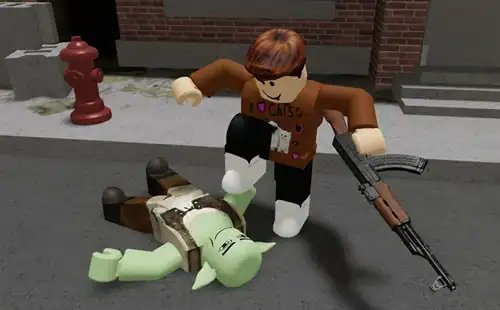 Roblox character in a street scene holding a rifle, with a fallen green character, related to Roblox and game codes.
