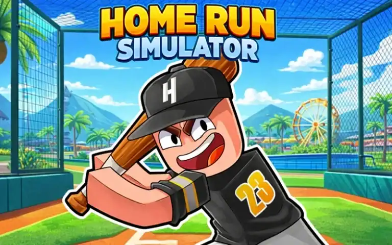 Vibrant image of a cartoon baseball player swinging a bat in a colorful stadium, promoting Home Run Simulator with a focus on gameplay and strategy.