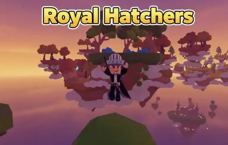 Image of a Roblox character holding a sword in front of floating islands with trees, illustrating the Royal Hatchers game and its active codes.