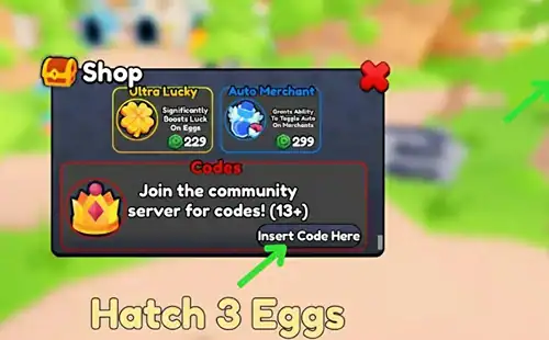 In-game shop screen showing hatch 3 eggs option with codes for Royal Hatchers, including Ultra Lucky and Auto Merchant boosts.