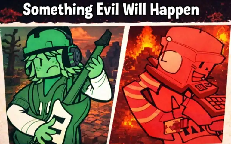 An illustration of a green character with a gun and a red character with a laptop, set against a fiery background, representing the theme of impending danger and chaos.