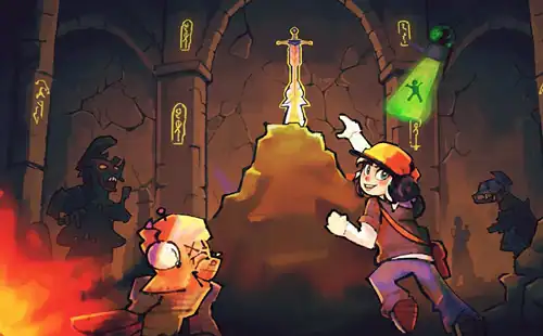 Illustration of a fantasy dungeon with characters exploring, featuring a glowing sword on a pedestal, mysterious symbols, and adventurers in a dark, mystical setting.