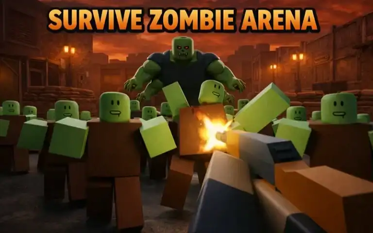 An intense scene from Survive Zombie Arena showing blocky zombies attacking players in a post-apocalyptic cityscape.
