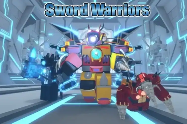 Dynamic image of Sword Warriors robots in a futuristic arena, showcasing powerful mechs ready for combat, emphasizing action and gaming excitement.