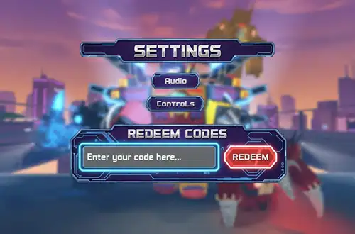 In-game settings menu from Progamzo featuring options for audio, controls, and redeem codes for Sword Warriors game.